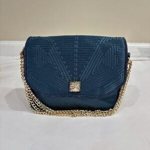 Reiss Women Navy Satin Quilted Chain Shoulder Bag Chic Evening Dressy
